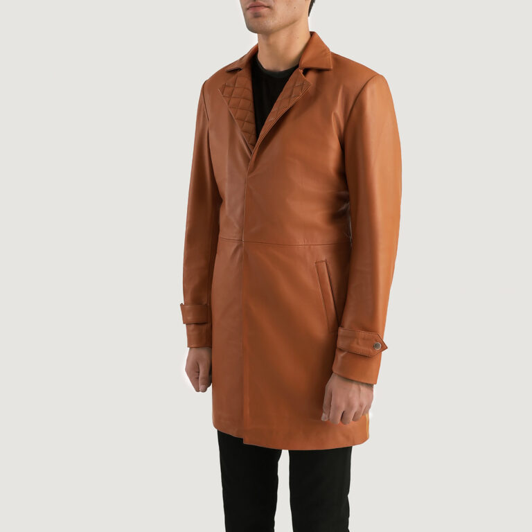 Mens Infinity Tan Brown Leather Coat Side Pose-3-1701087675973